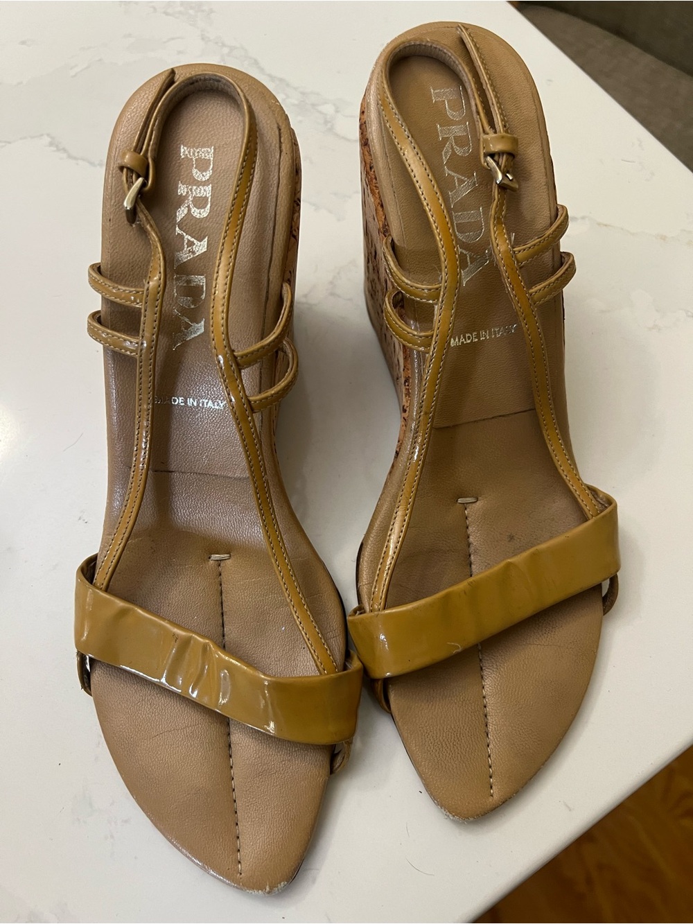Prada Mustard/Tan Patent Leather Wedge Sandals